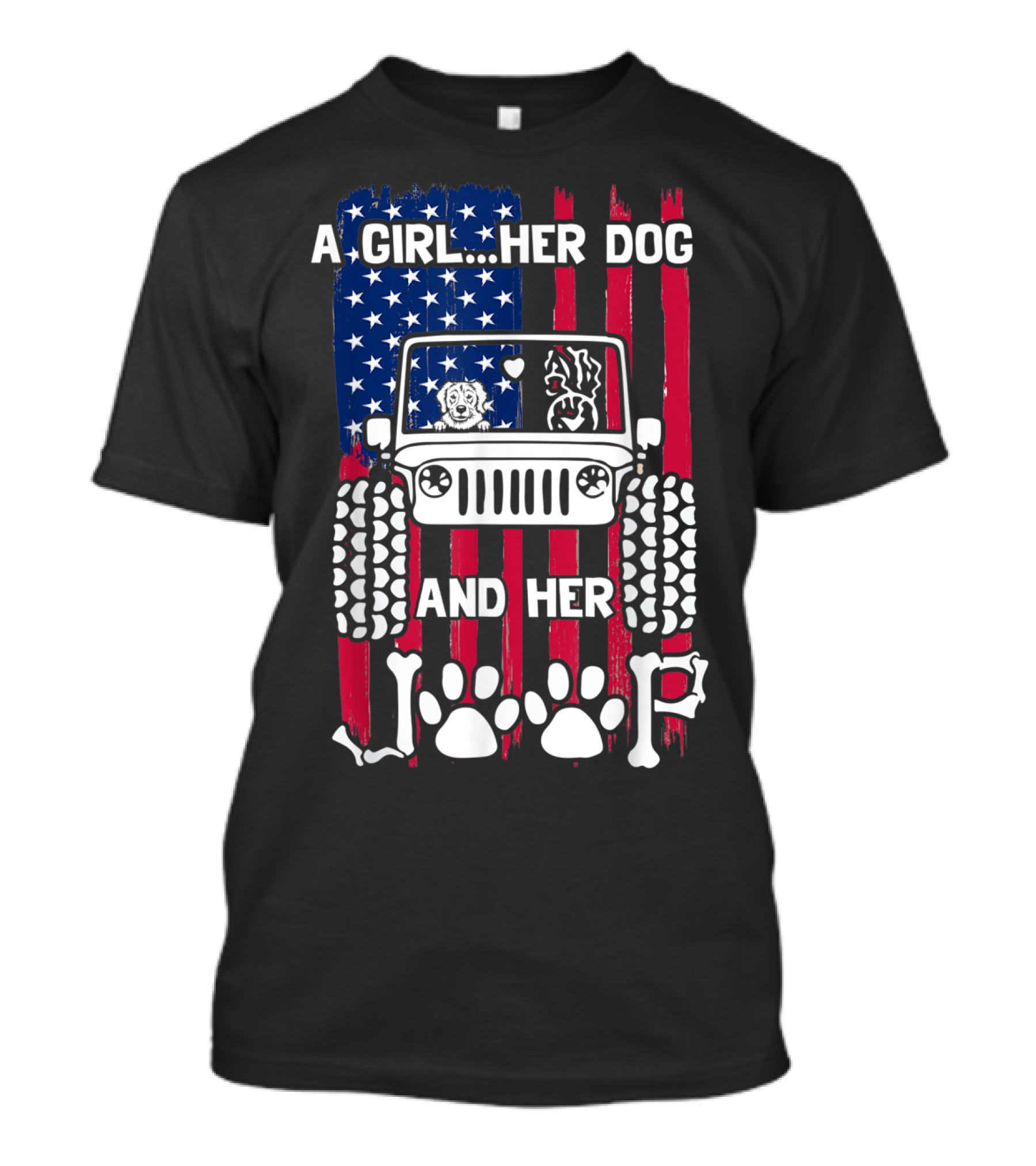 A Girl Her Dog And Her Jeep American Flag Golden Dog T-Shirt