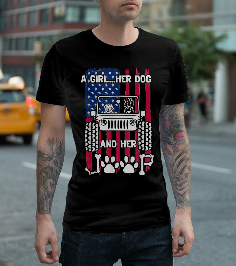 A Girl Her Dog And Her Jeep American Flag Golden Dog T-Shirt