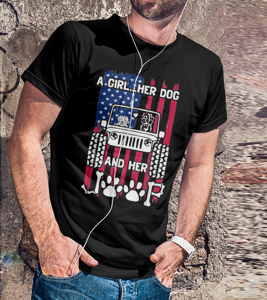 A Girl Her Dog And Her Jeep American Flag Golden Dog T-Shirt