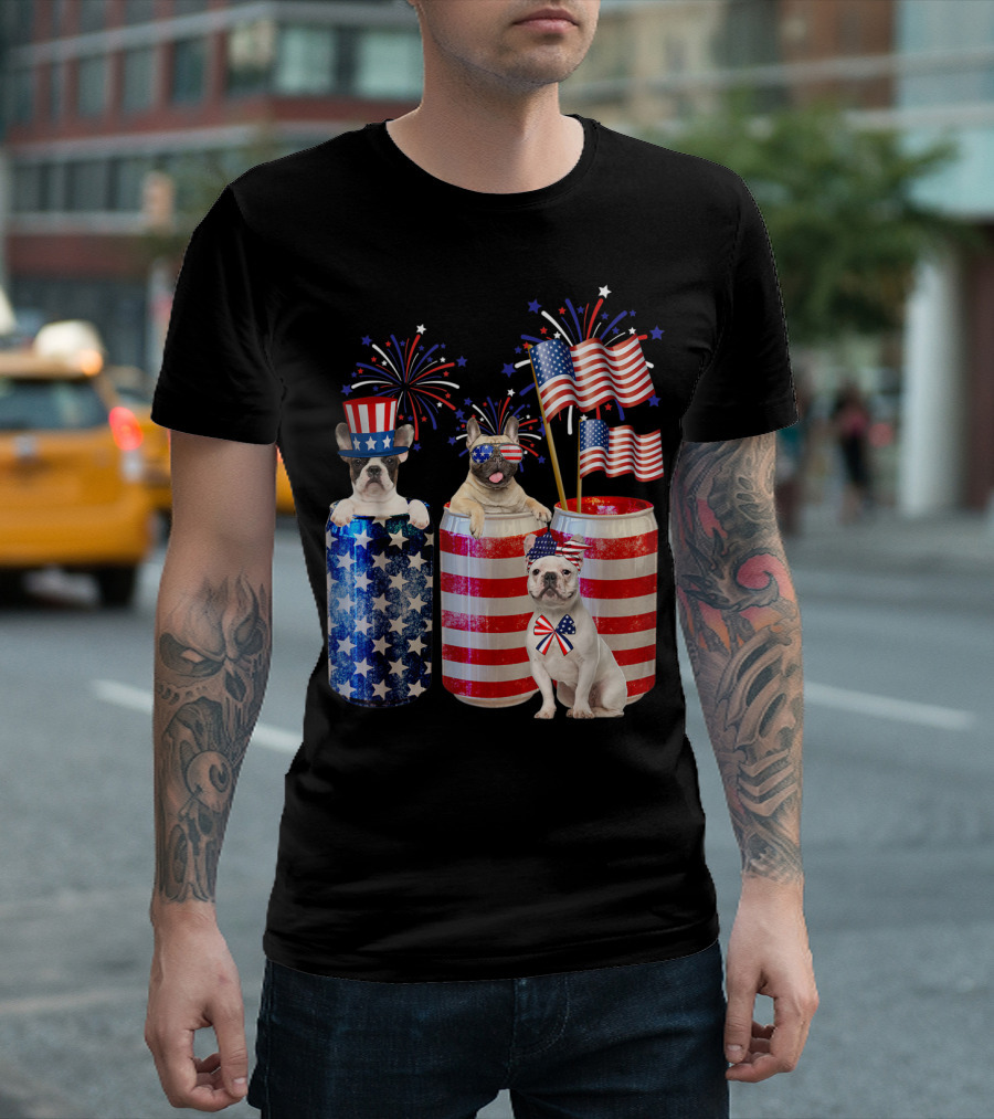American French Bulldog with Beer Cans and US Flag Fireworks T-Shirt