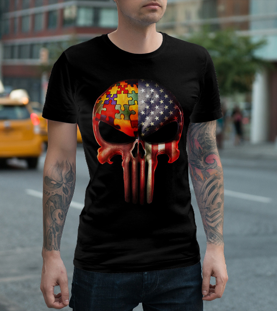 Autism Awareness Puzzle Piece American Flag Skull for Parents T-Shirt