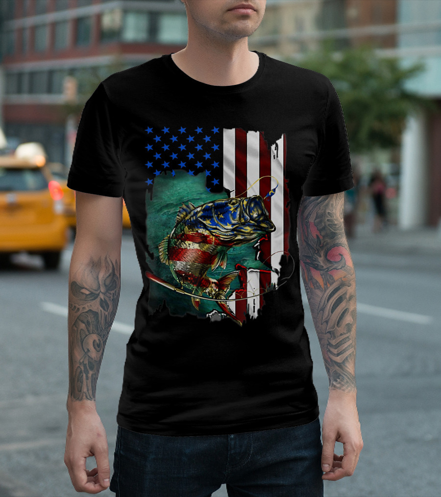 Bass Fishing American Flag Patriotic 4th Of July T-Shirt