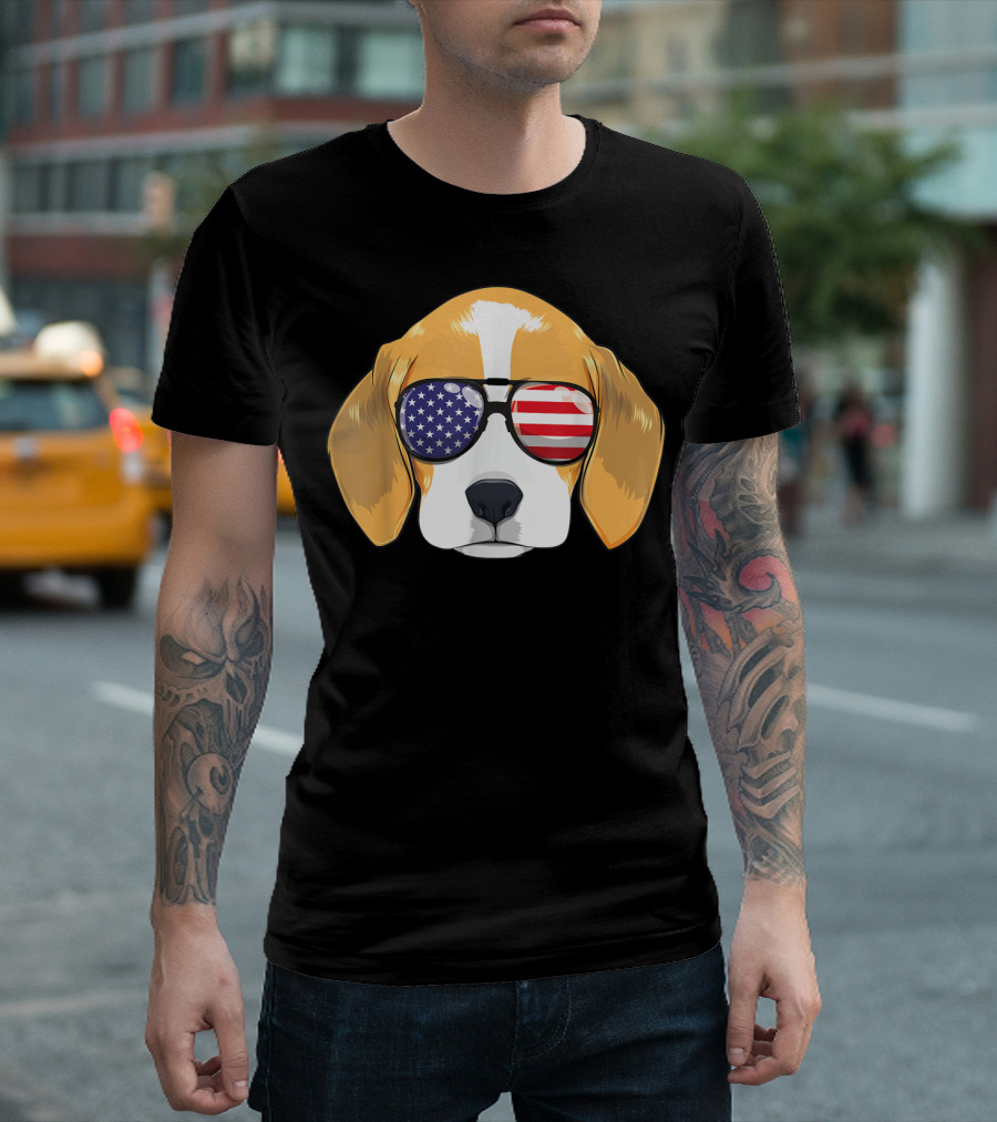 Beagle Dog American Flag Sunglasses Patriotic T-Shirt