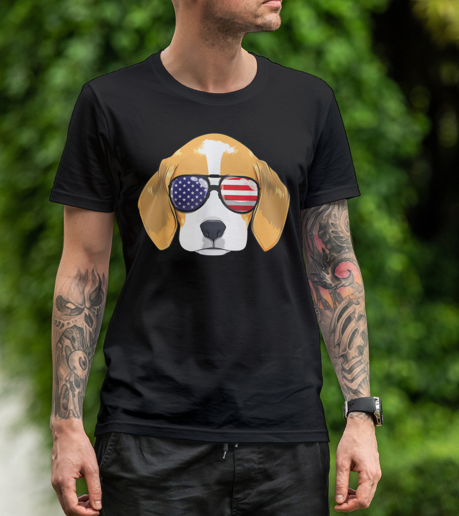 Beagle Dog American Flag Sunglasses Patriotic T-Shirt