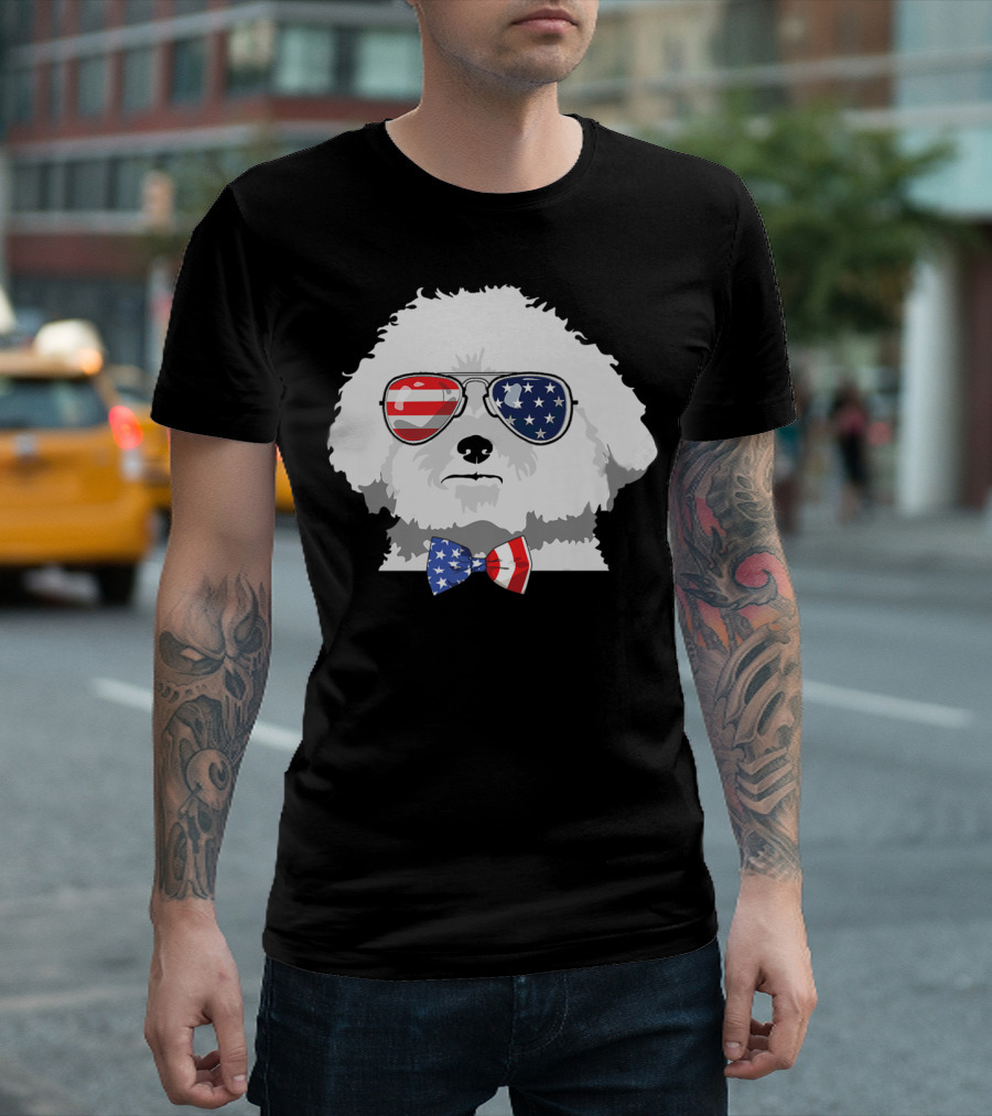 Bichon Frise Dog With American Flag Sunglasses And Bow Tie 4th Of July T-Shirt