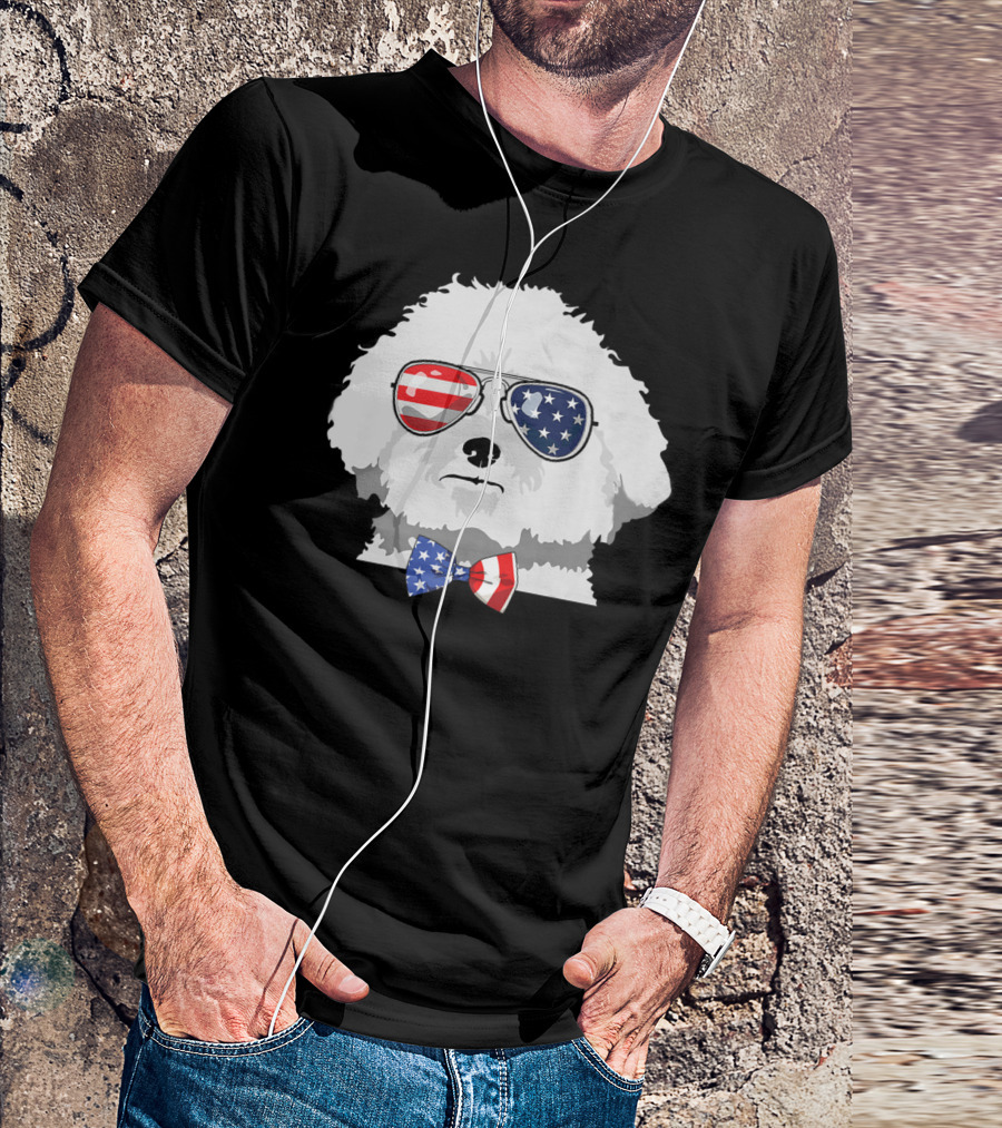 Bichon Frise Dog With American Flag Sunglasses And Bow Tie 4th Of July T-Shirt