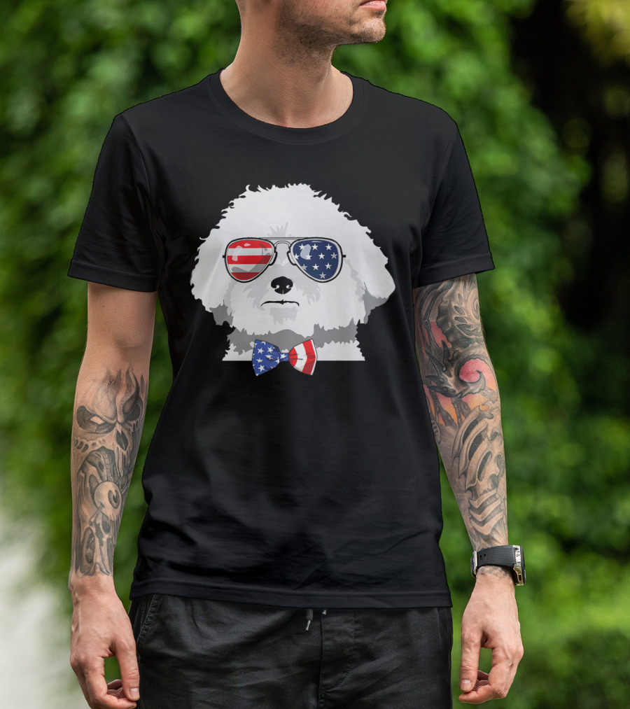Bichon Frise Dog With American Flag Sunglasses And Bow Tie 4th Of July T-Shirt