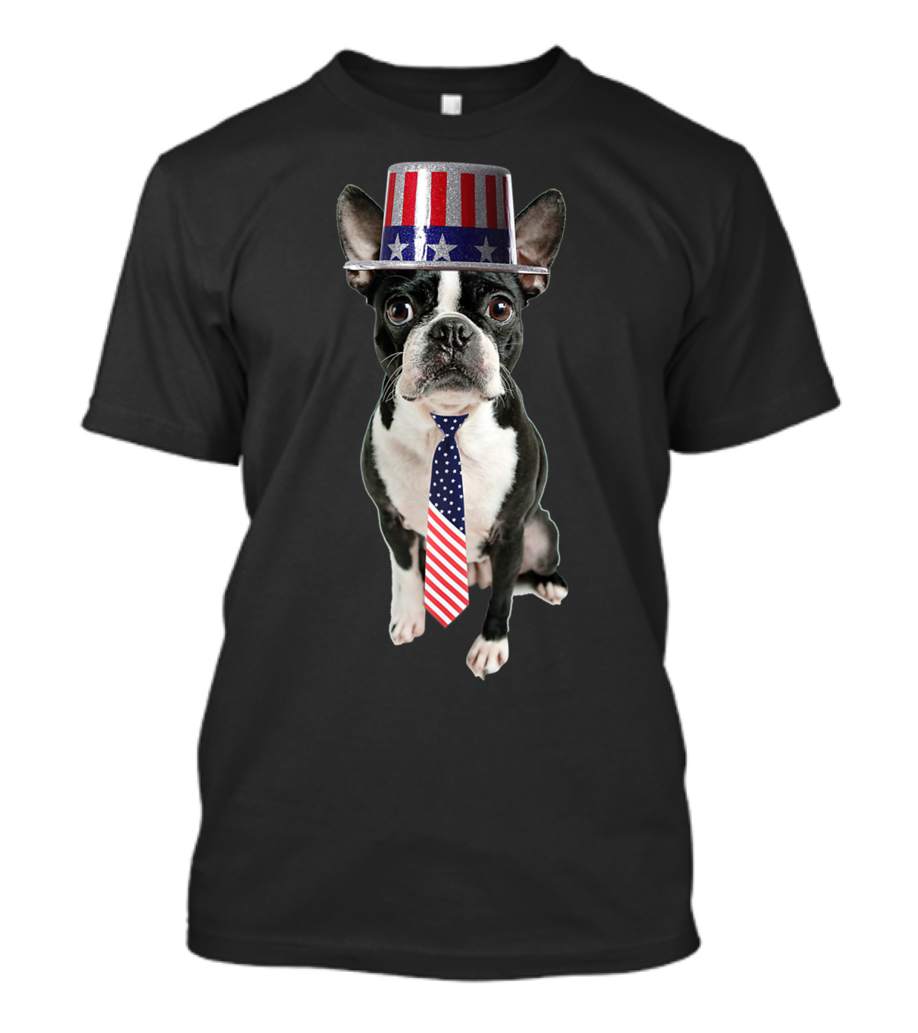 Patriotic Boston Terrier With American Flag Top Hat And Tie For Fourth Of July T-Shirt