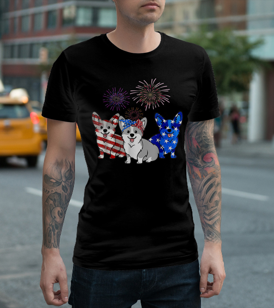 Corgi Dogs American Flag Fireworks T-Shirt