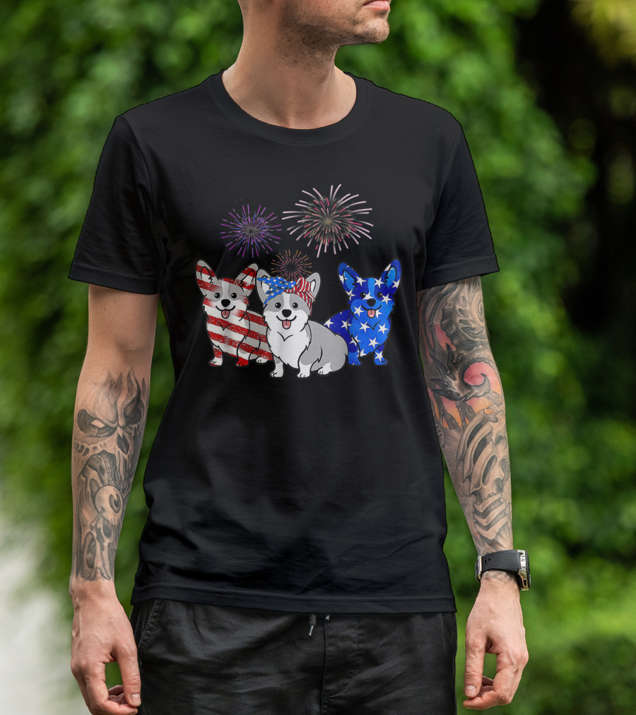 Corgi Dogs American Flag Fireworks T-Shirt