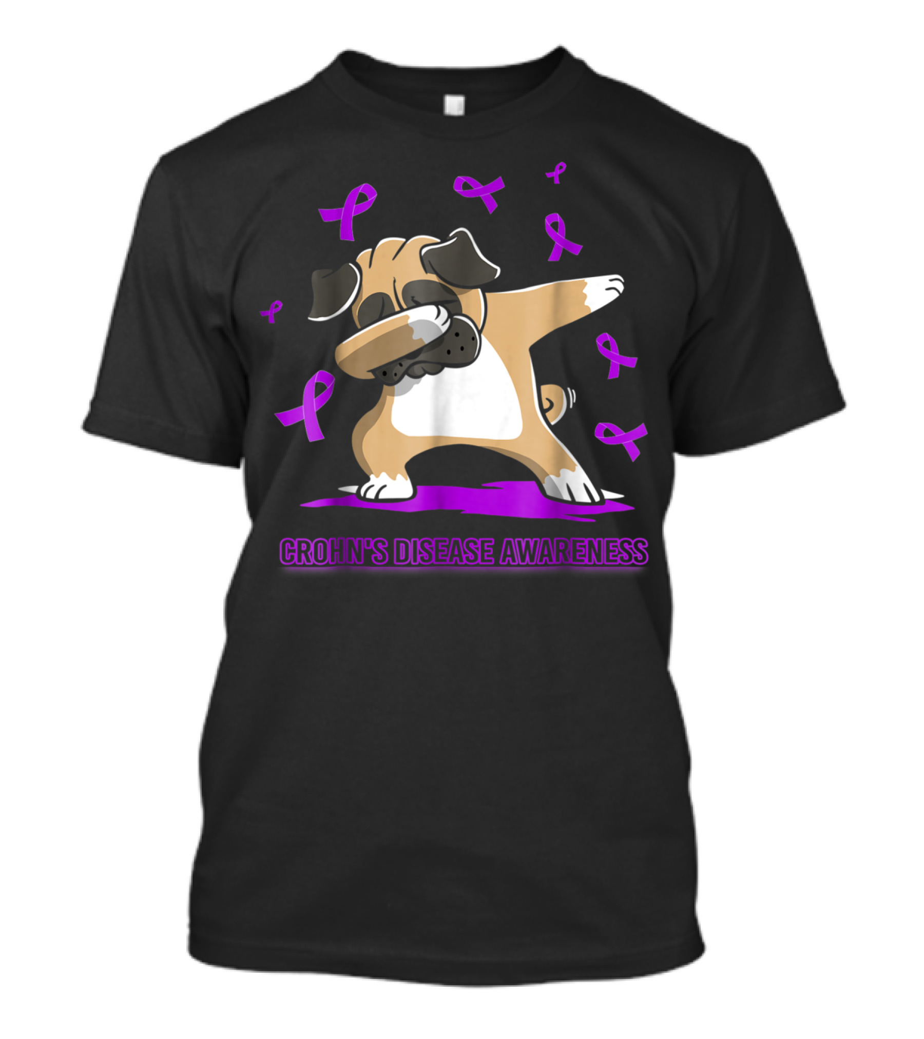 Crohn's Disease Awareness Dabbing Pug With Purple Ribbons T-Shirt
