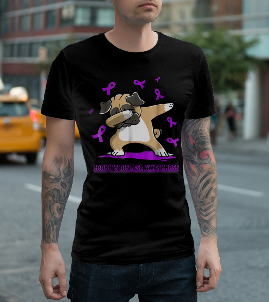 Crohn's Disease Awareness Dabbing Pug With Purple Ribbons T-Shirt