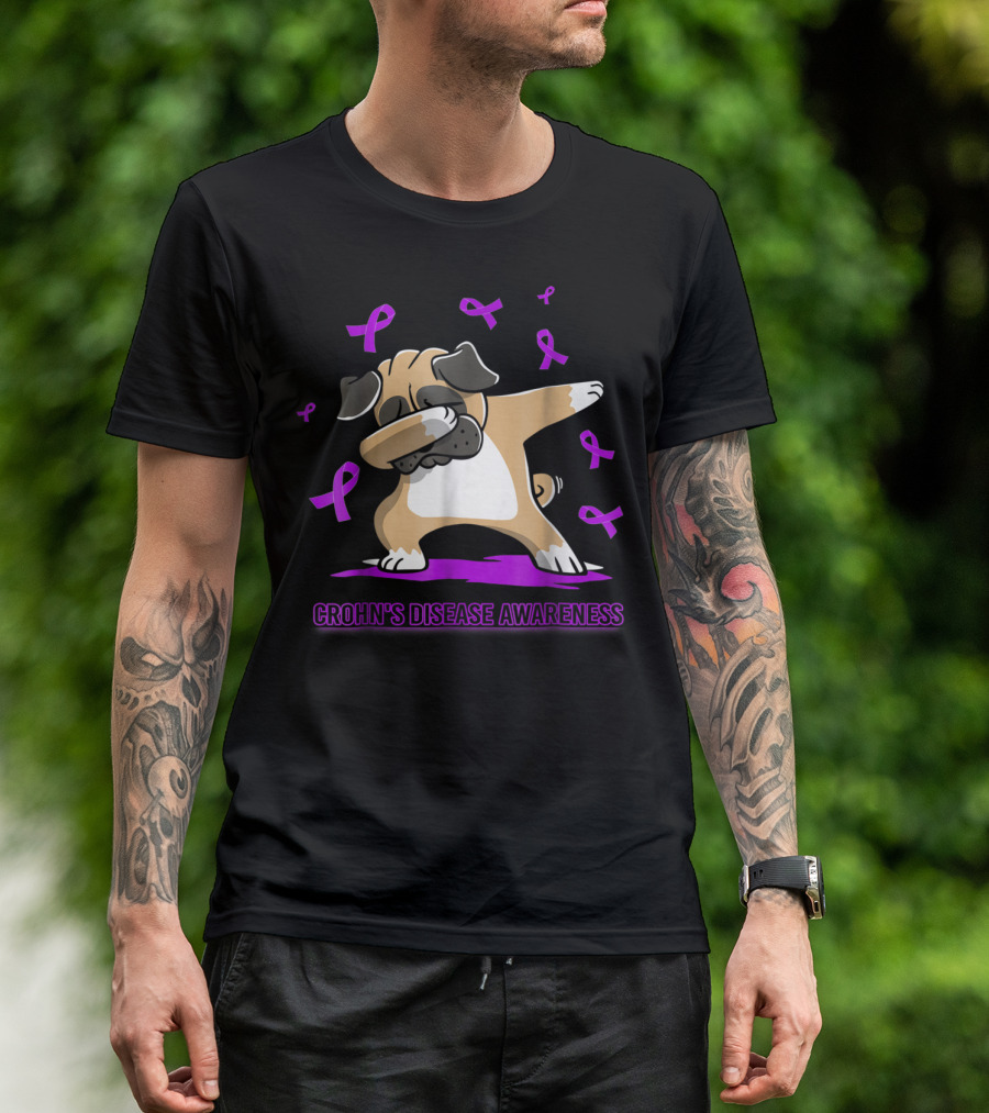 Crohn's Disease Awareness Dabbing Pug With Purple Ribbons T-Shirt