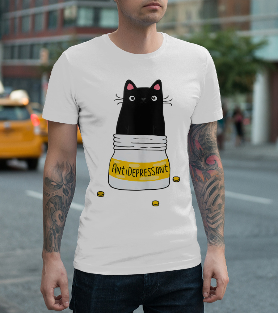 Cute Cat Kitten Antidepressant Black Cat In Pill Bottle T-Shirt
