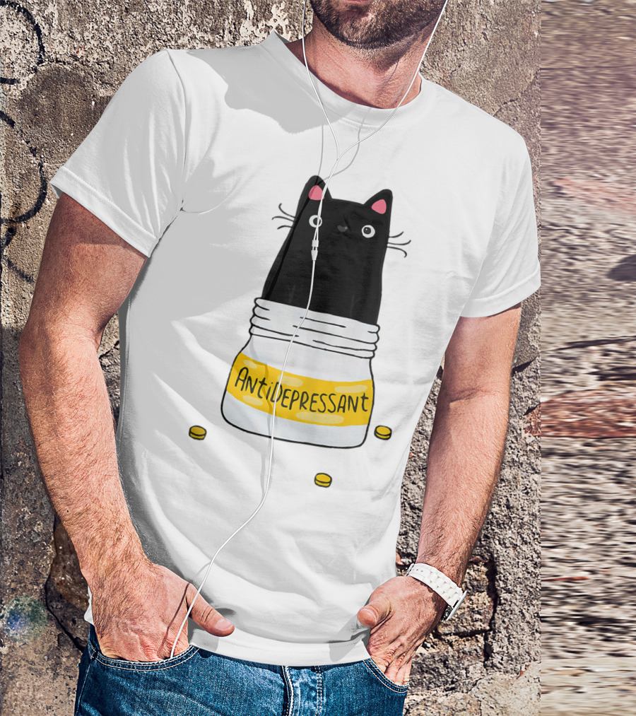 Cute Cat Kitten Antidepressant Black Cat In Pill Bottle T-Shirt