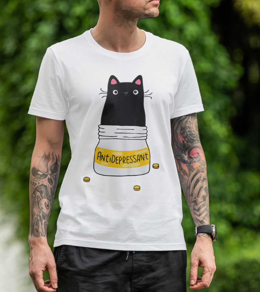 Cute Cat Kitten Antidepressant Black Cat In Pill Bottle T-Shirt