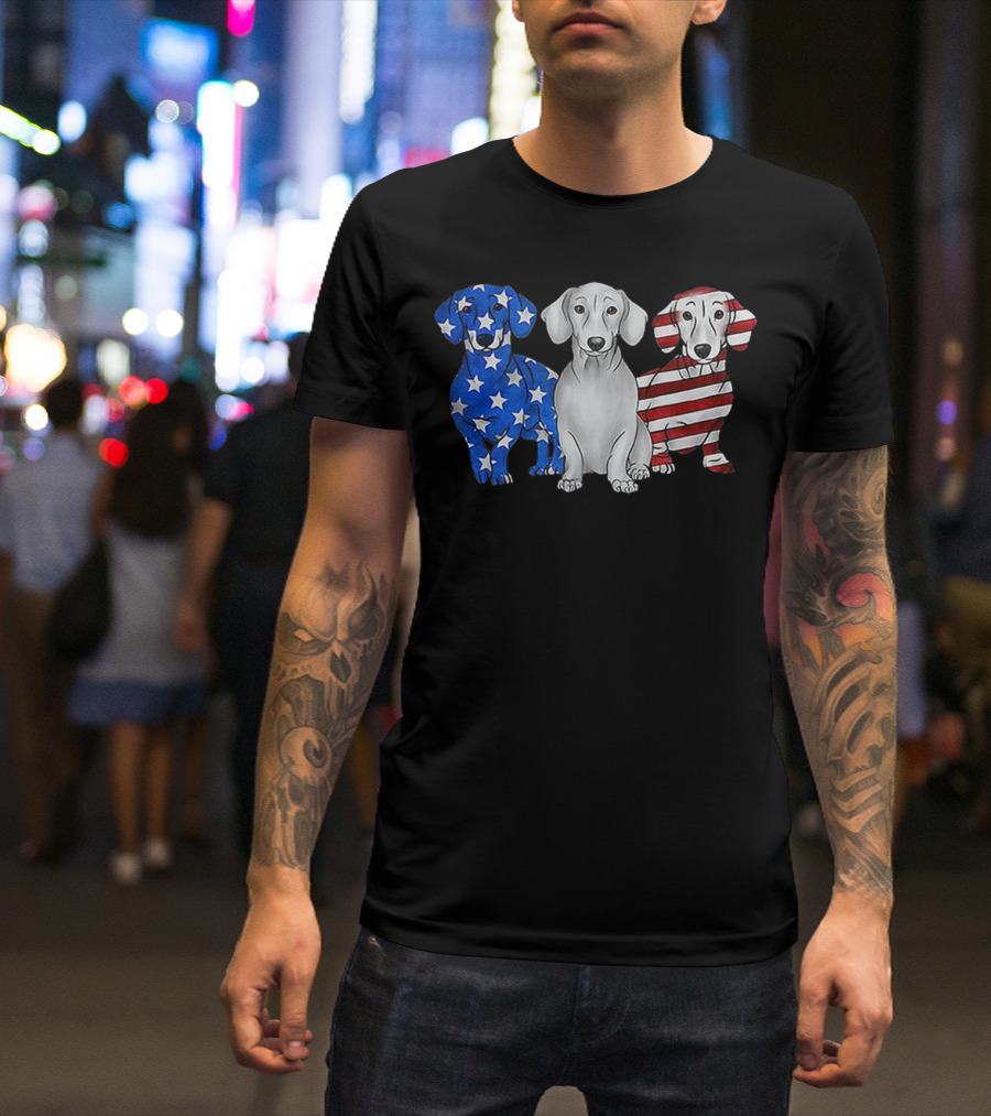 Dachshund Breed Dog Red White Blue American Flag Stars Stripes T-Shirt