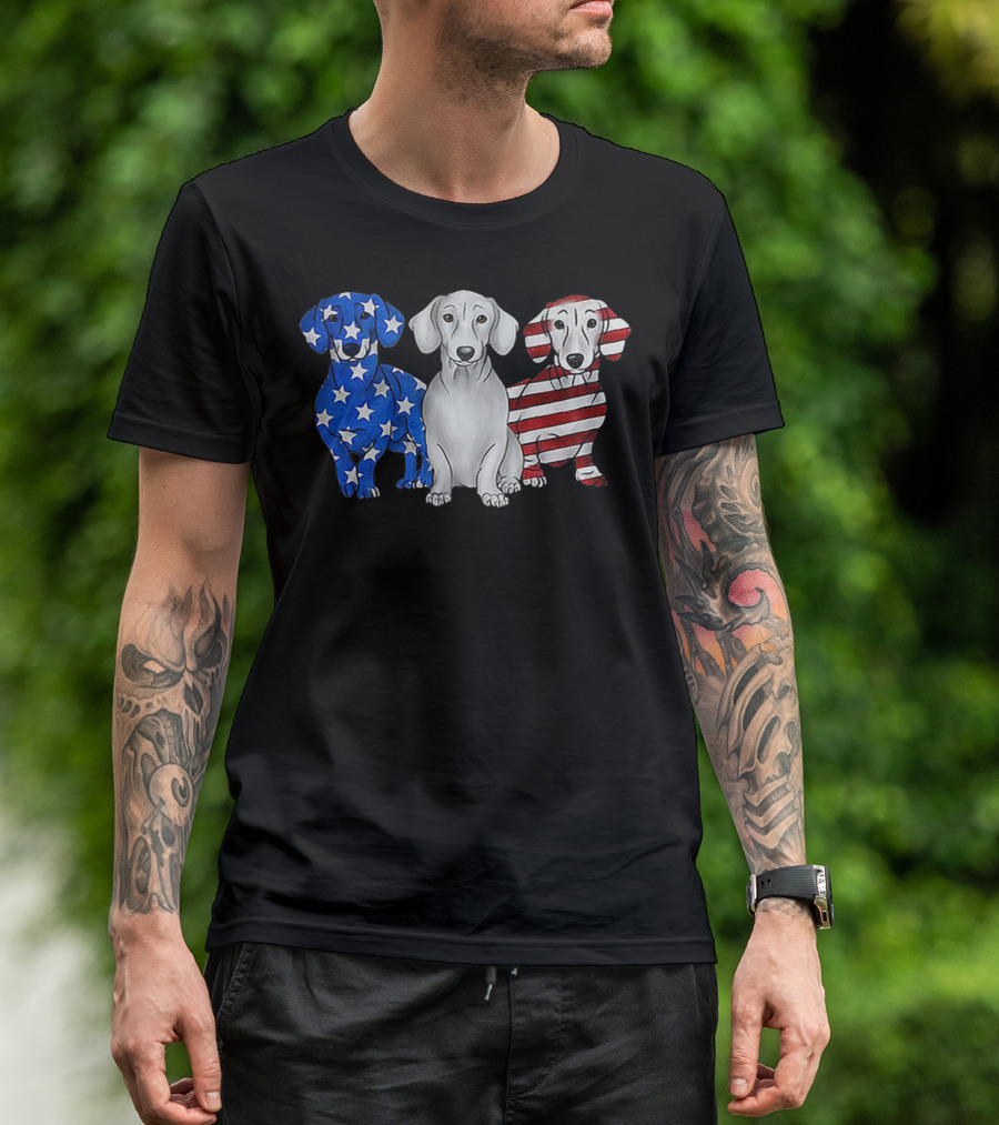 Dachshund Breed Dog Red White Blue American Flag Stars Stripes T-Shirt