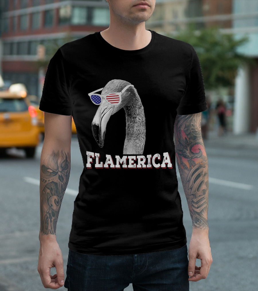 Flamingo Flamerica with Patriotic Sunglasses 4th of July Merica T-Shirt