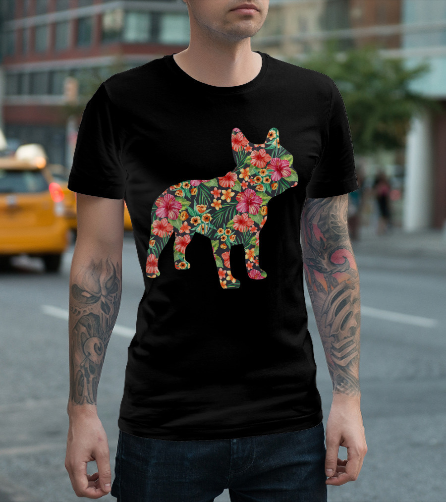 French Bulldog Floral Pattern Tropical Flowers Frenchie Dog T-Shirt