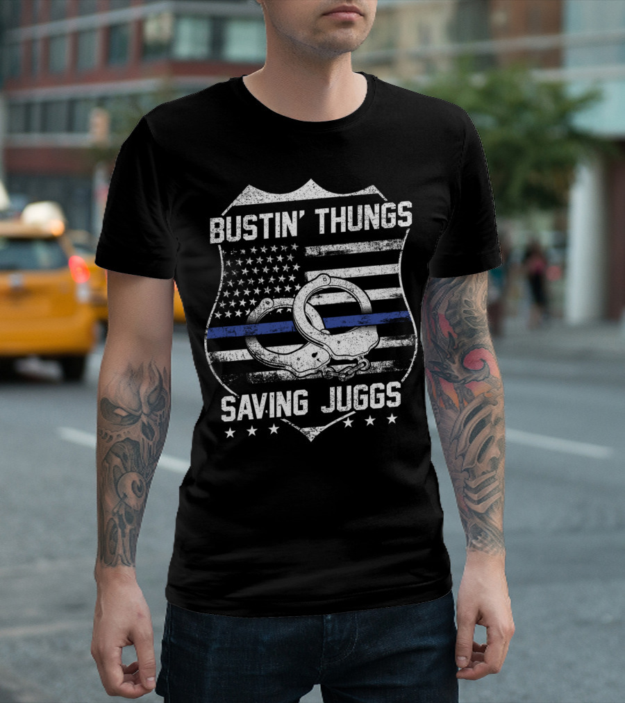 Bustin' Thungs Saving Juggs Police USA Flag Handcuffs T-Shirt