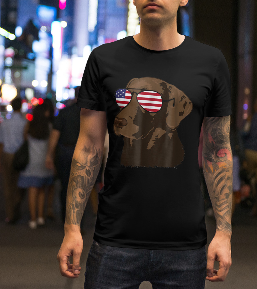 Chocolate Lab Wearing American Flag Sunglasses Funny Dog T-Shirt