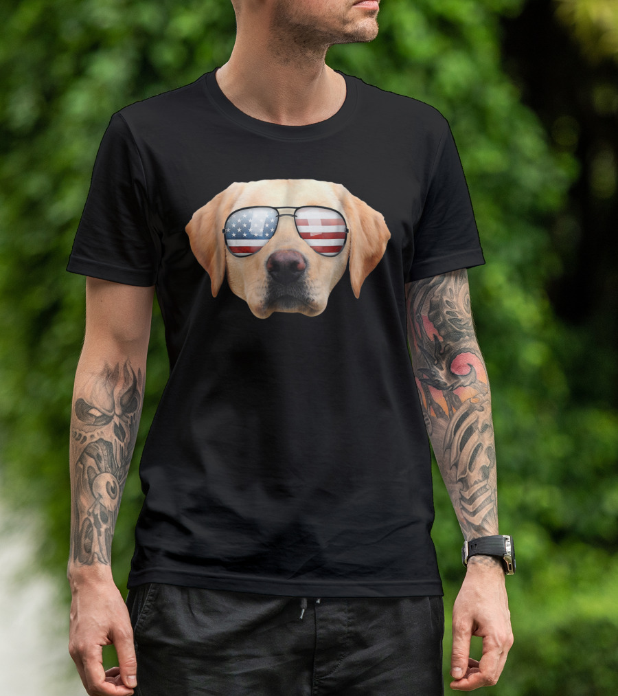 Funny Cute Patriotic Yellow Lab American Flag Sunglasses Dog T-Shirt