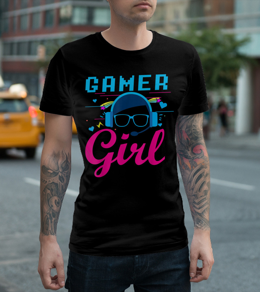 Gamer Girl Headset Hearts And Stars Video Gaming T-Shirt