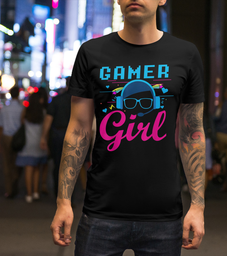 Gamer Girl Headset Hearts And Stars Video Gaming T-Shirt