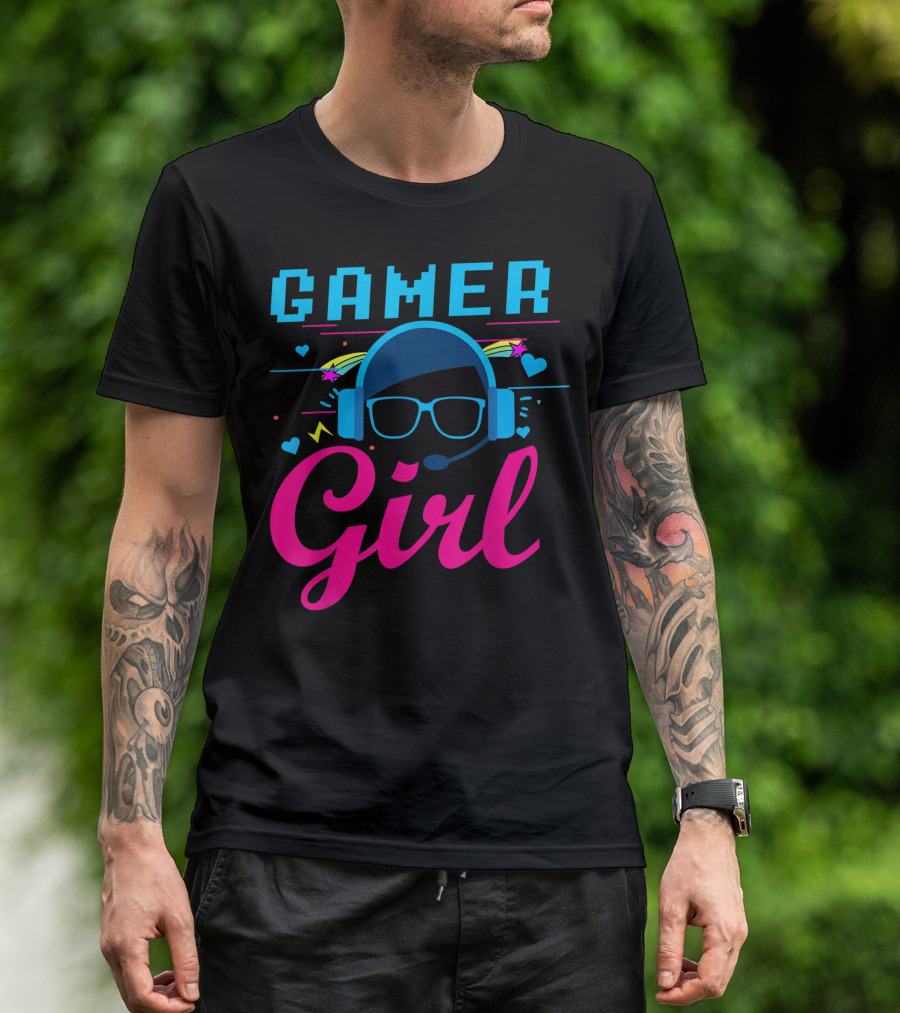 Gamer Girl Headset Hearts And Stars Video Gaming T-Shirt