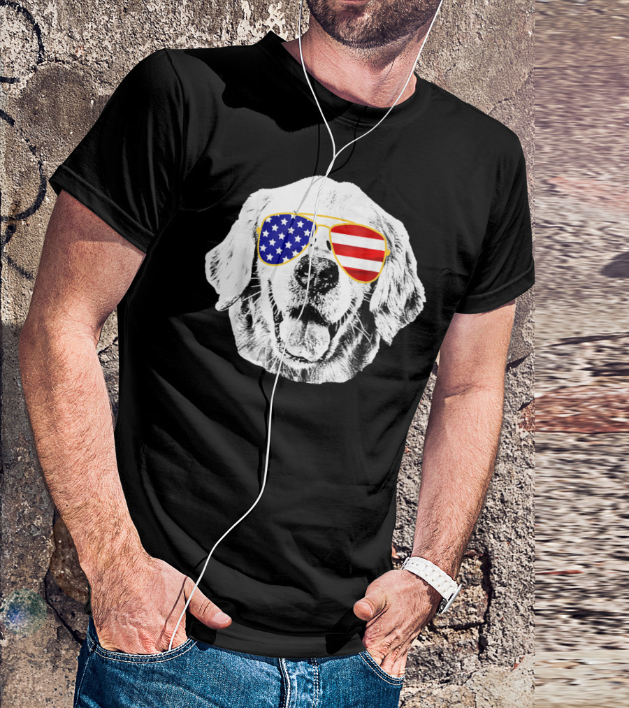 Golden Retriever Wearing American Flag Sunglasses T-Shirt
