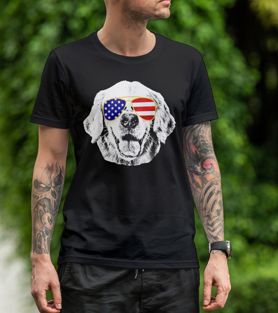 Golden Retriever Wearing American Flag Sunglasses T-Shirt