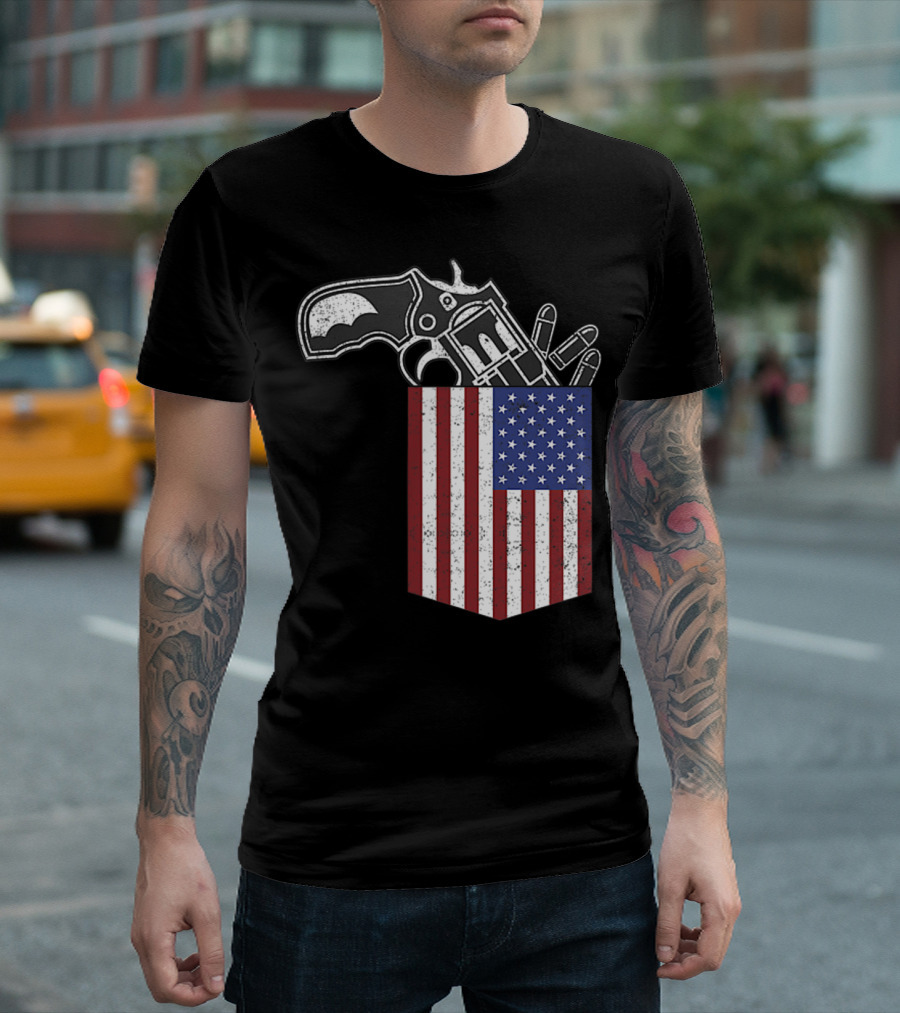 Gun In American Flag Pocket Patriotic Humor T-Shirt
