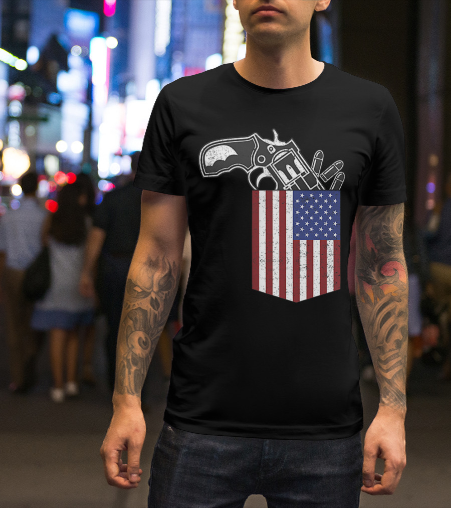 Gun In American Flag Pocket Patriotic Humor T-Shirt