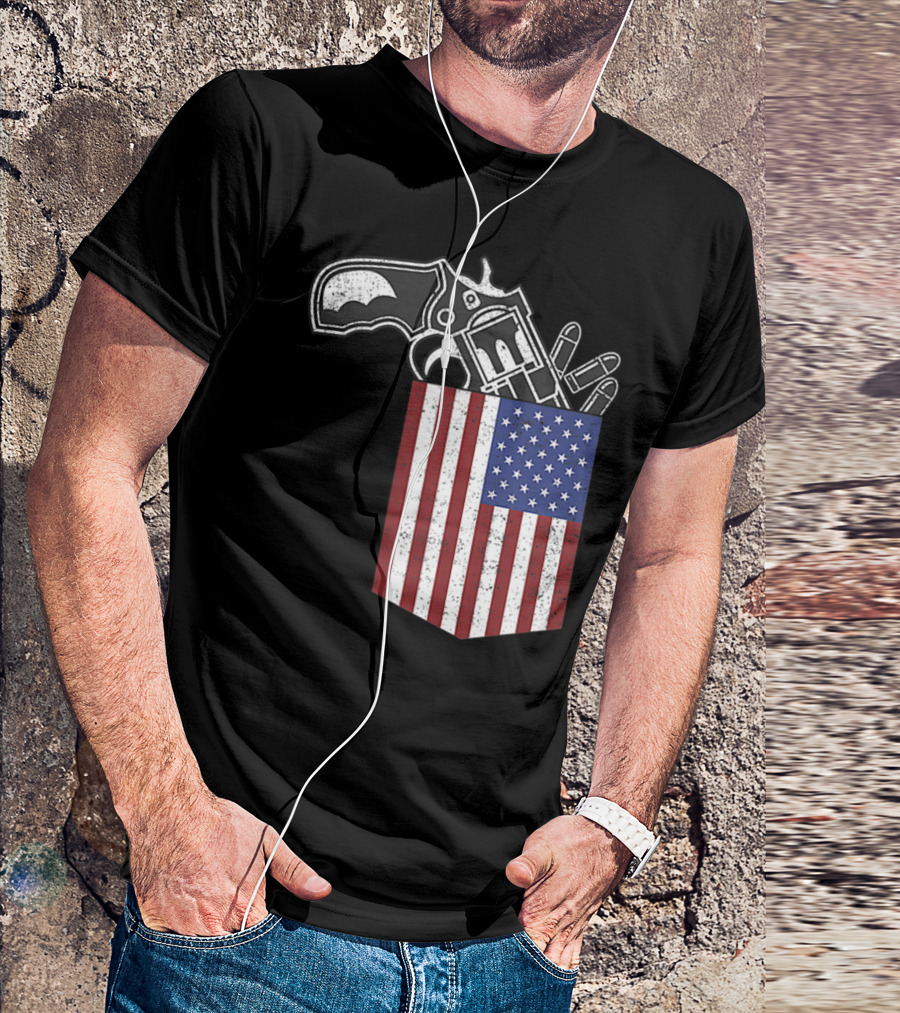 Gun In American Flag Pocket Patriotic Humor T-Shirt