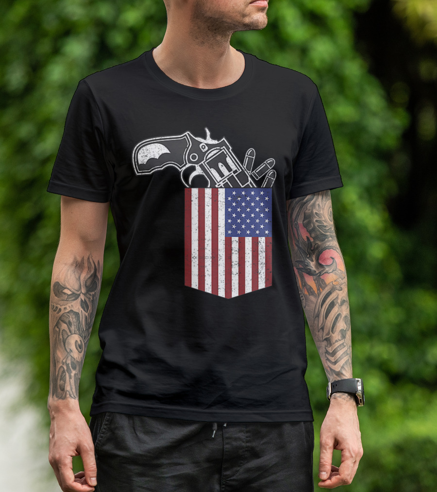Gun In American Flag Pocket Patriotic Humor T-Shirt