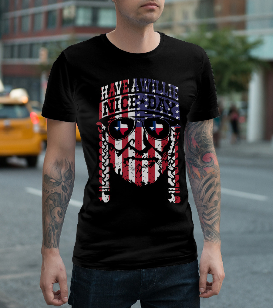 Have A Willie Nice Day Patriotic Bandana Sunglasses Texas Flag Face T-Shirt