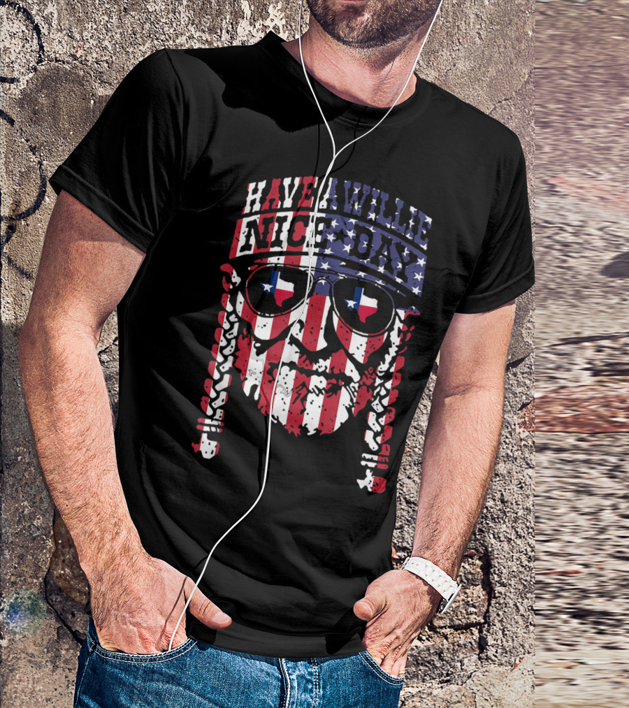 Have A Willie Nice Day Patriotic Bandana Sunglasses Texas Flag Face T-Shirt