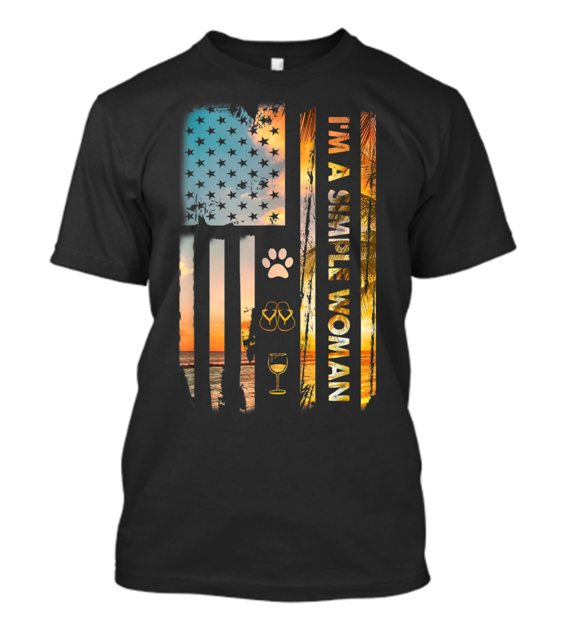 I'm A Simple Woman Sunset Flag Camping Wine Flip Flops Paw Prints T-Shirt