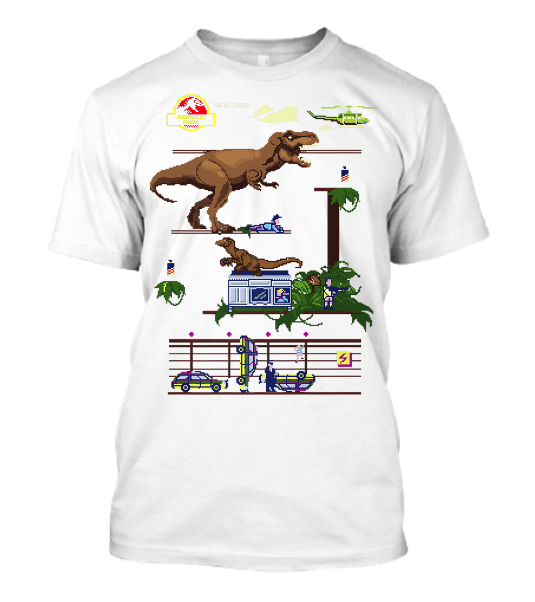 Jurassic Park T-Rex 8-Bit Video Game Scene 06111993 Helicopter Enclosure Jeep T-Shirt