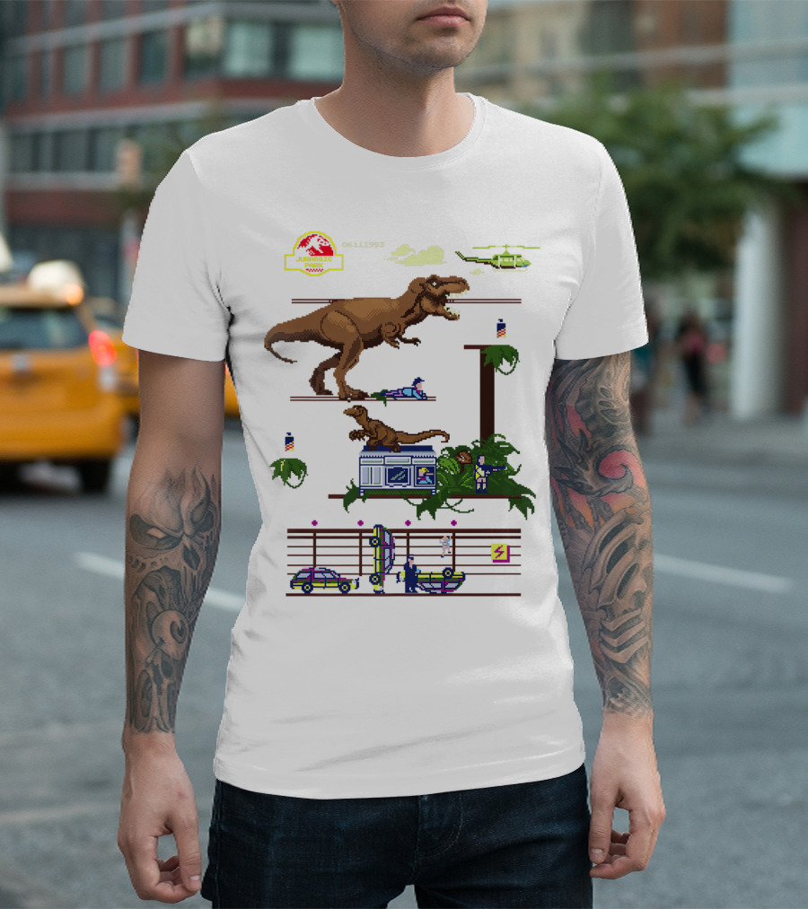 Jurassic Park T-Rex 8-Bit Video Game Scene 06111993 Helicopter Enclosure Jeep T-Shirt