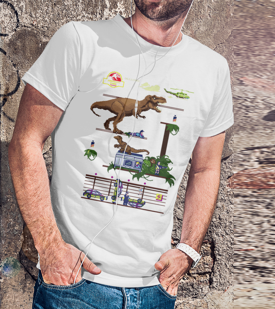 Jurassic Park T-Rex 8-Bit Video Game Scene 06111993 Helicopter Enclosure Jeep T-Shirt