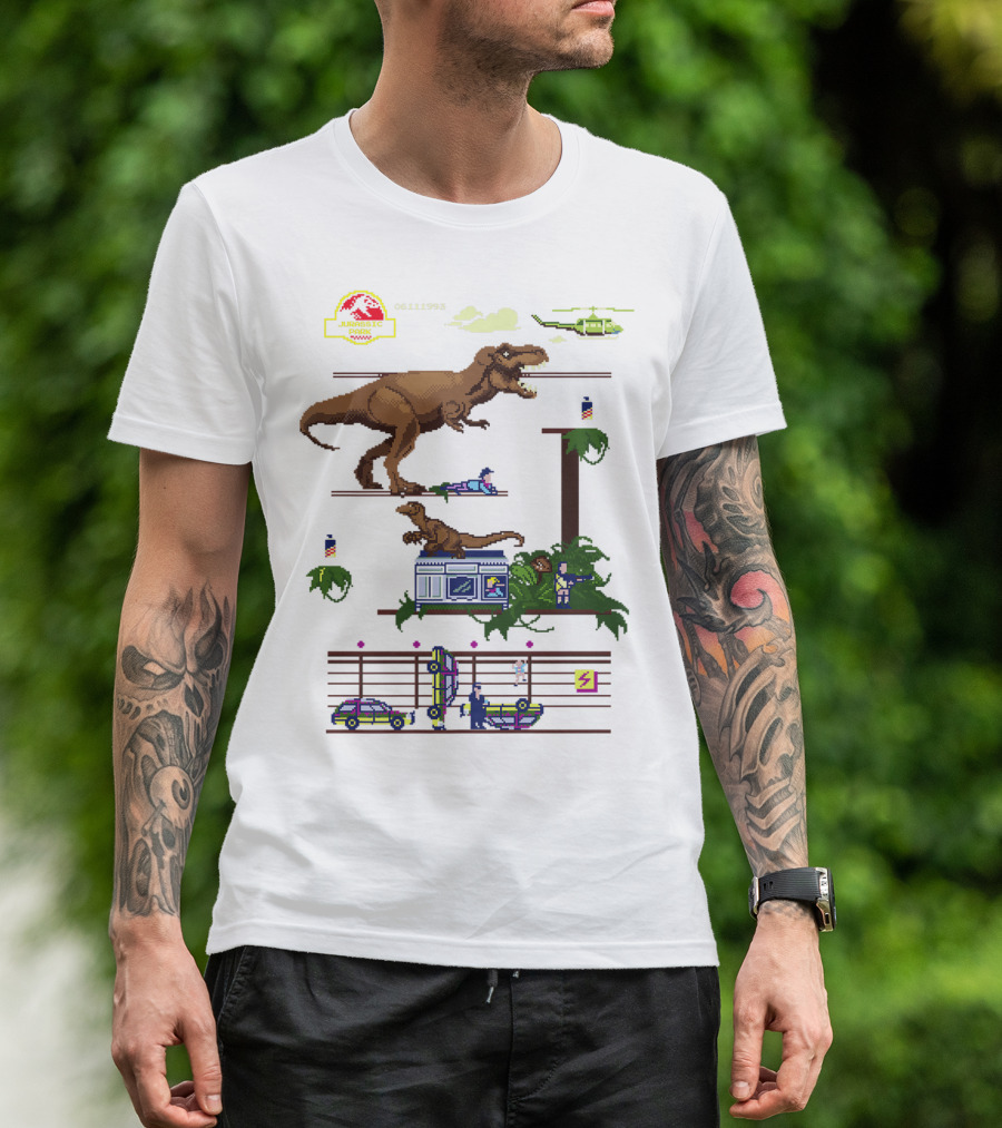 Jurassic Park T-Rex 8-Bit Video Game Scene 06111993 Helicopter Enclosure Jeep T-Shirt