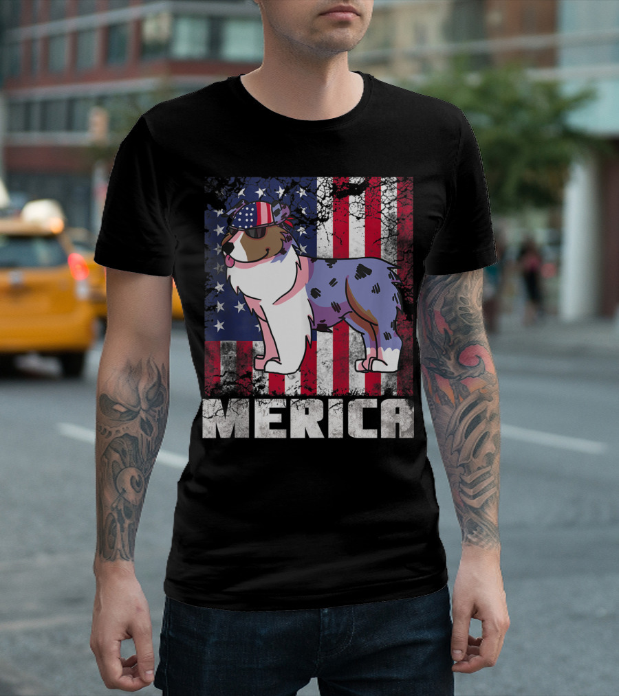 Merica Australian Shepherd Dog with American Flag Background T-Shirt