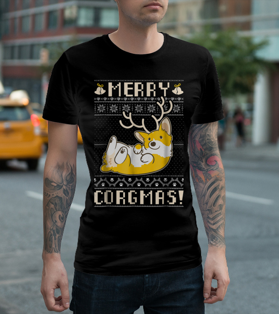 Merry Corgmas Festive Corgi With Antlers And Snowflake T-Shirt