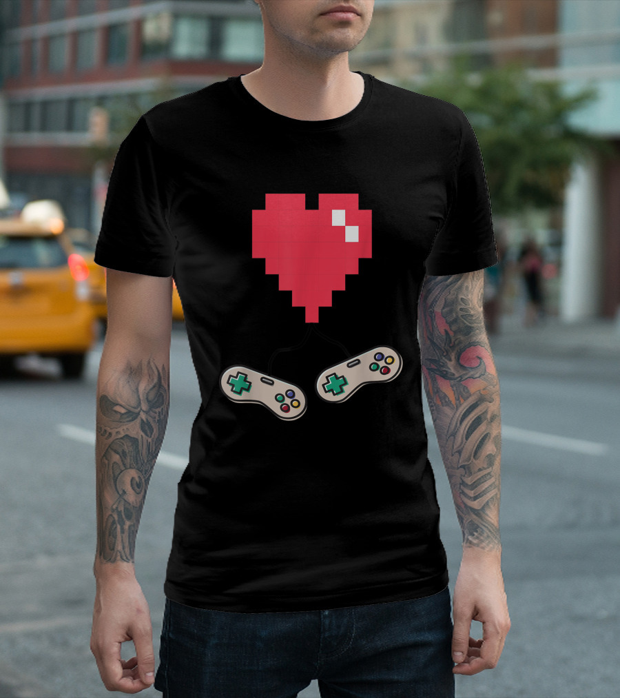 Old School 8Bit Pixel Heart with Retro Video Game Controllers Valentines Day T-Shirt