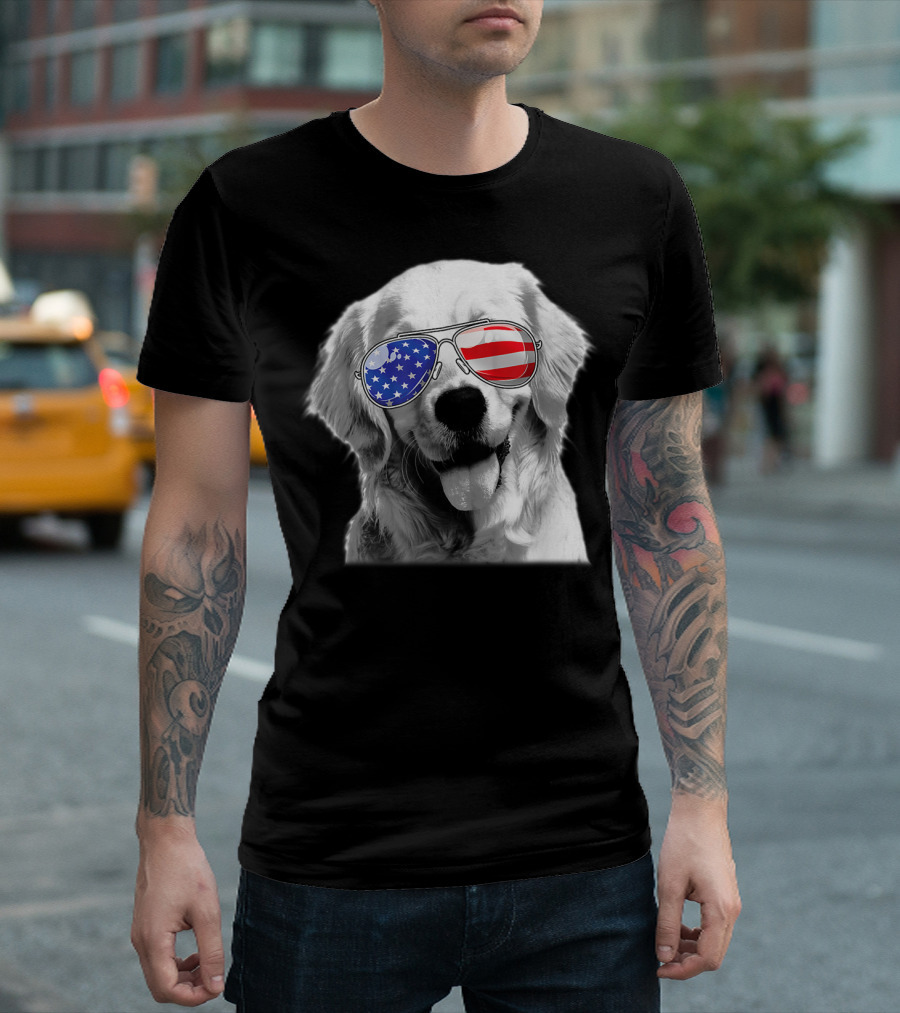 Patriotic Golden Retriever Dog Wears American Flag Sunglasses T-Shirt