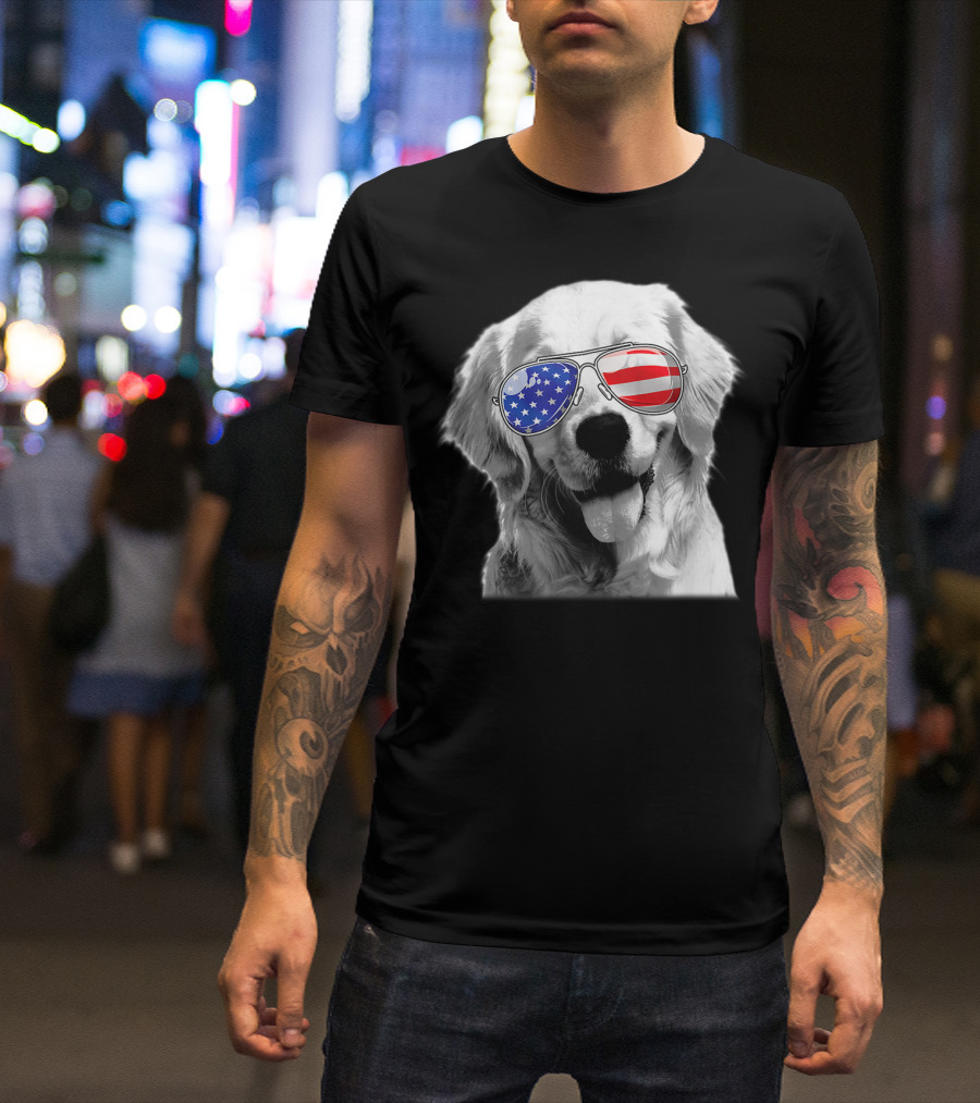 Patriotic Golden Retriever Dog Wears American Flag Sunglasses T-Shirt