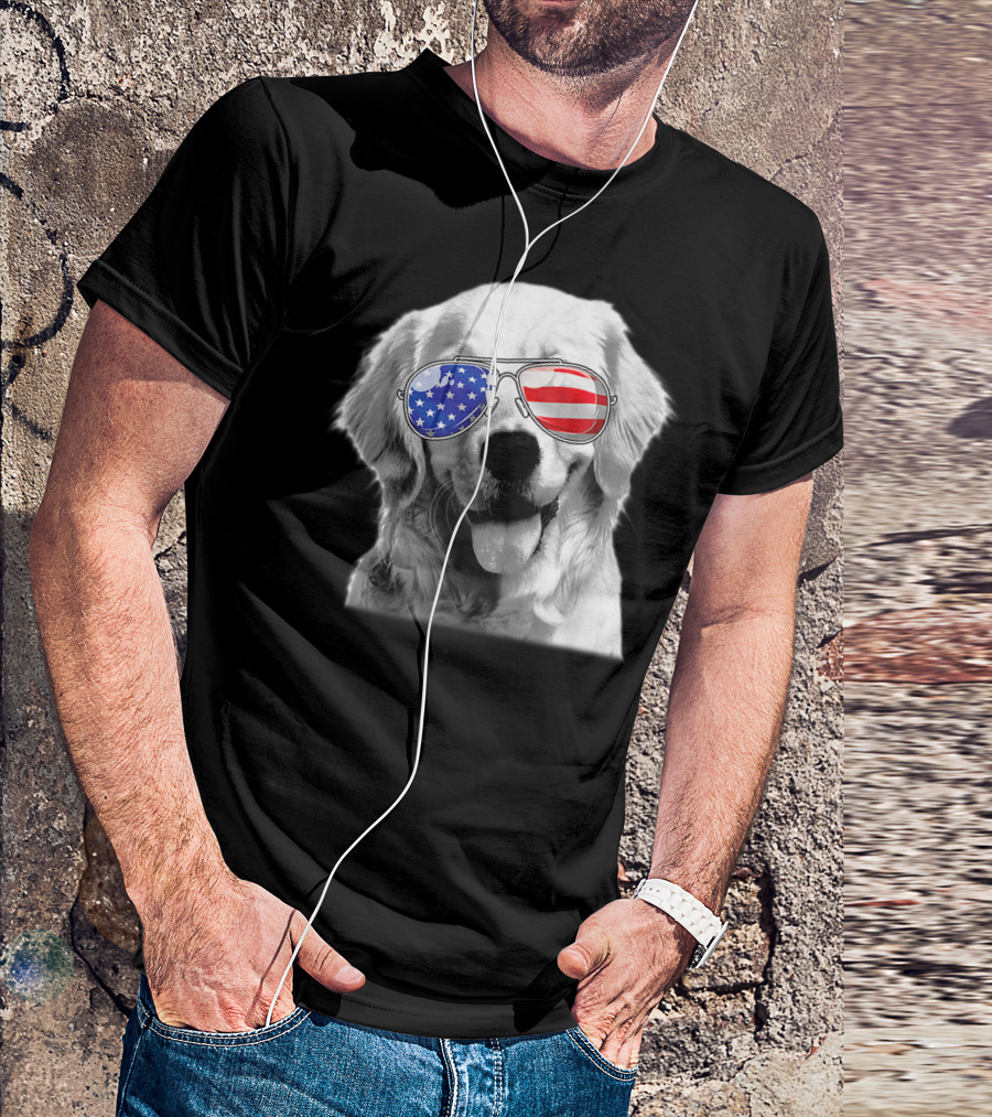 Patriotic Golden Retriever Dog Wears American Flag Sunglasses T-Shirt