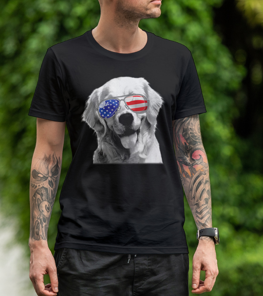 Patriotic Golden Retriever Dog Wears American Flag Sunglasses T-Shirt